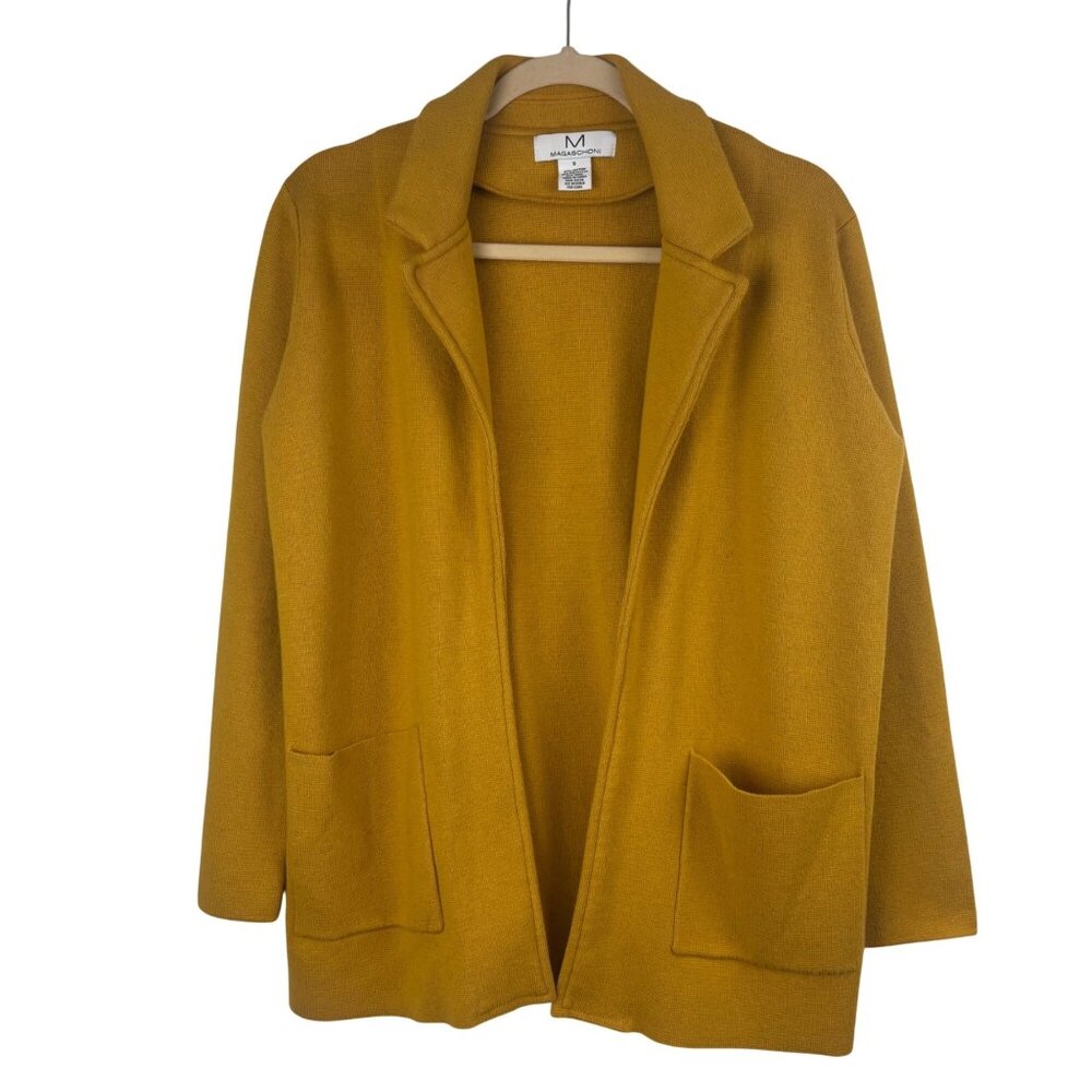 Magaschoni S Mustard Yellow Open Front Cardigan Blazer Jacket Cotton Wool Blend - Picture 1 of 4